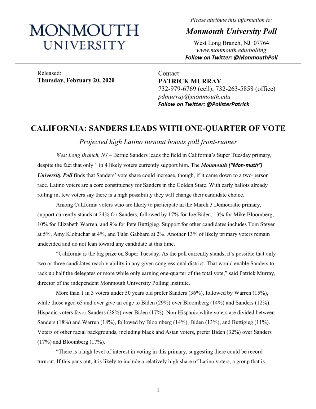 Monmouth University Poll CALIFORNIA: SANDERS LEADS