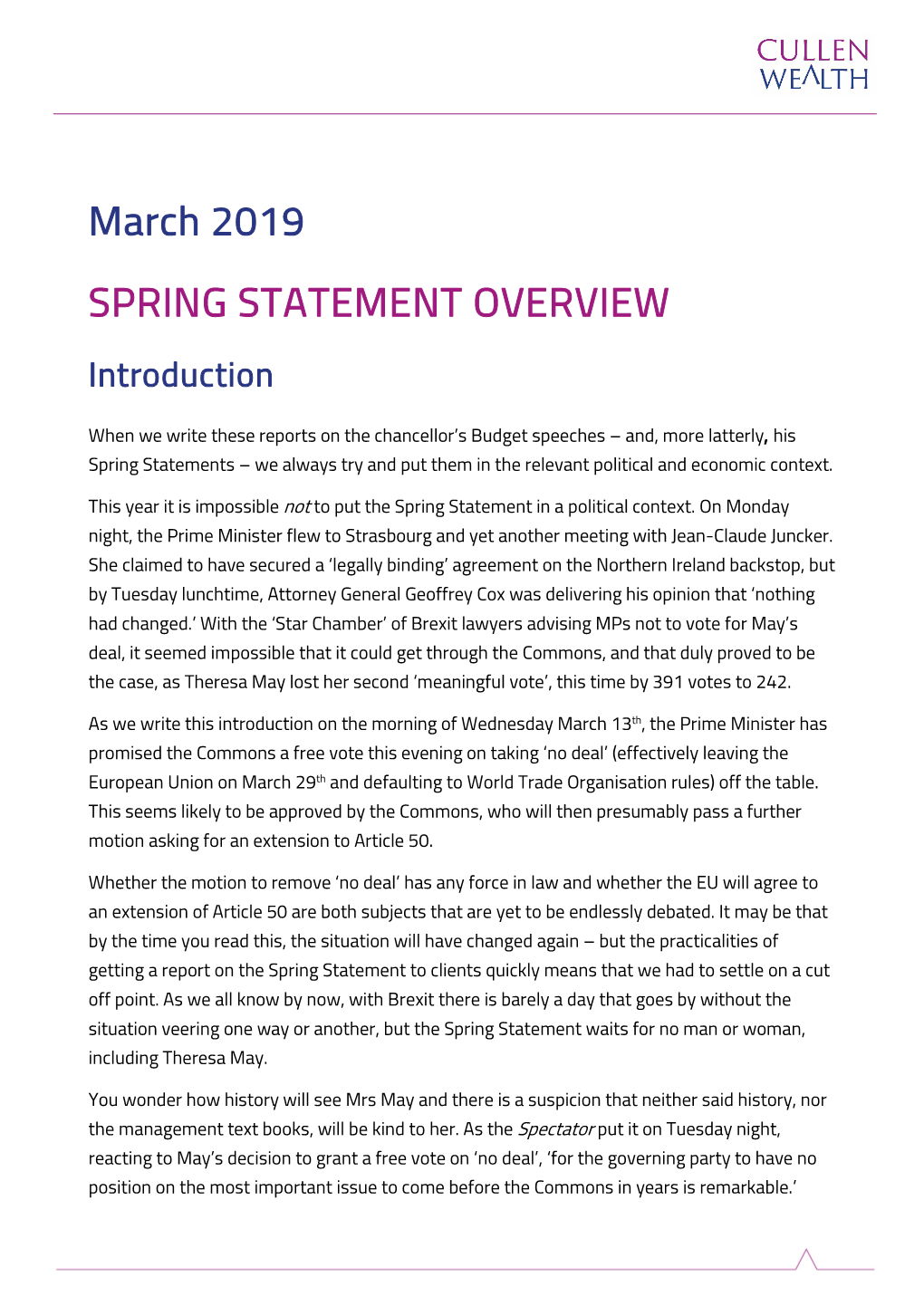 March 2019 SPRING STATEMENT OVERVIEW