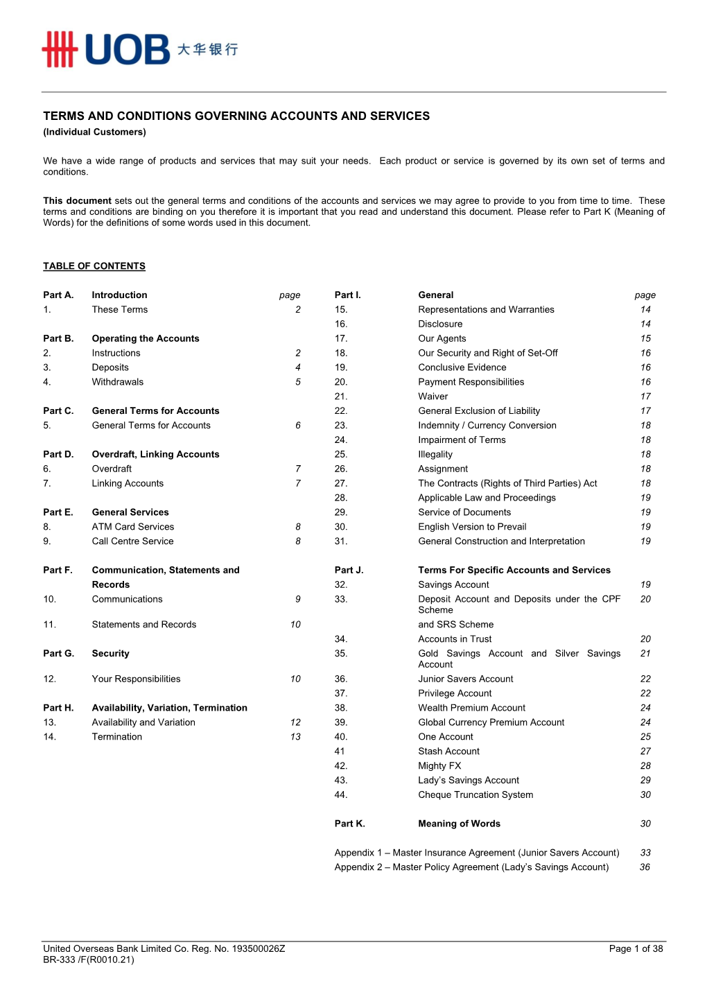 Bank's Terms and Conditions Governing Accounts and Services