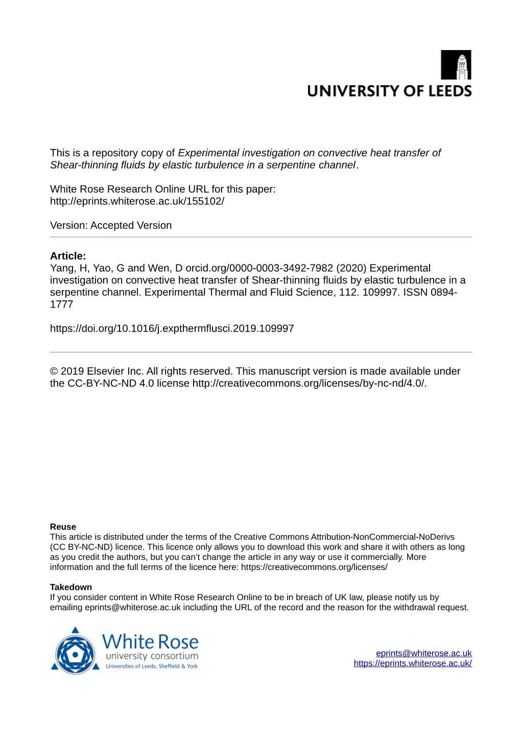 Experimental Investigation on Convective Heat Transfer of Shear-Thinning Fluids by Elastic Turbulence in a Serpentine Channel