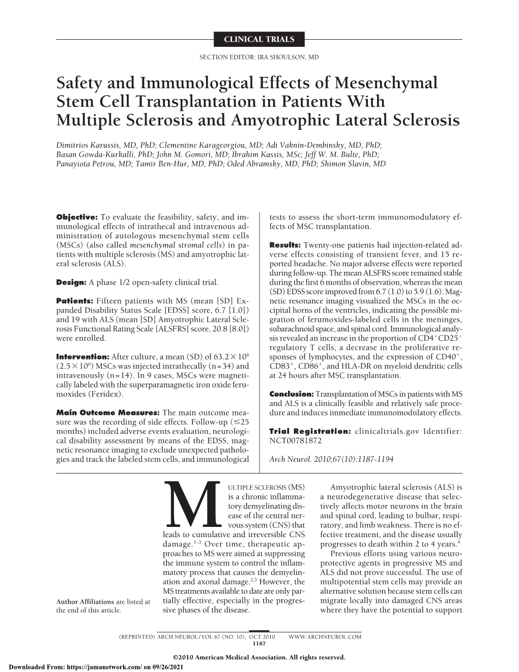 Safety and Immunological Effects of Mesenchymal Stem Cell Transplantation in Patients with Multiple Sclerosis and Amyotrophic Lateral Sclerosis