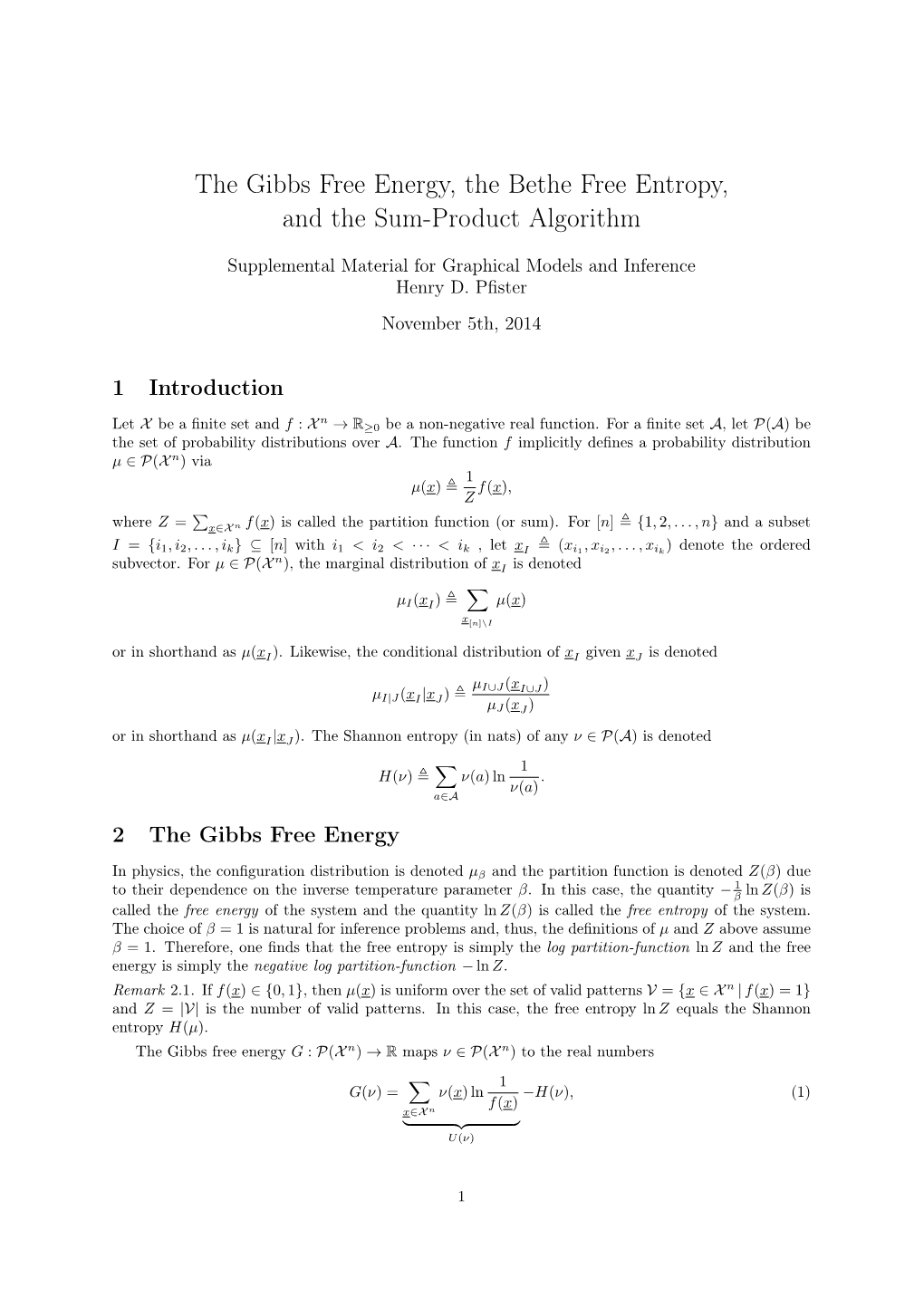 The Gibbs Free Energy, the Bethe Free Entropy, and the Sum-Product Algorithm