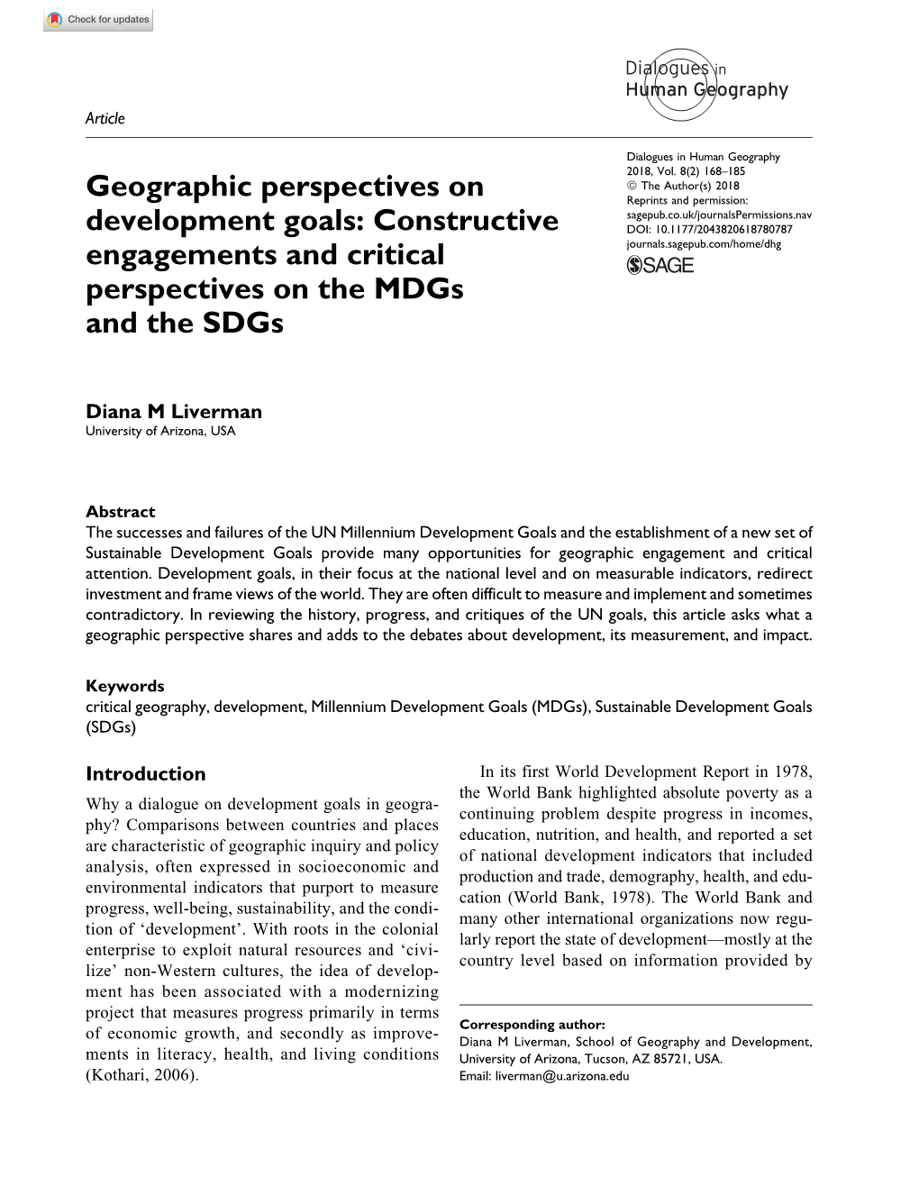 Geographic Perspectives on Development Goals