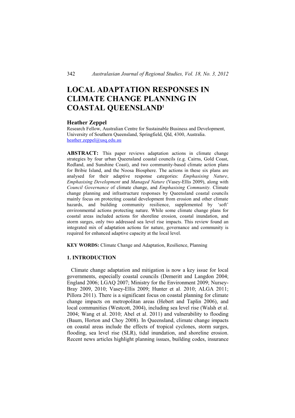 Local Adaptation Responses in Climate Change Planning in Coastal Queensland1