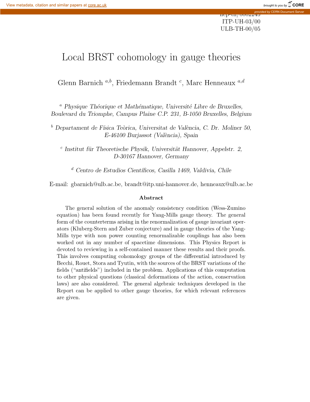 Local BRST Cohomology in Gauge Theories