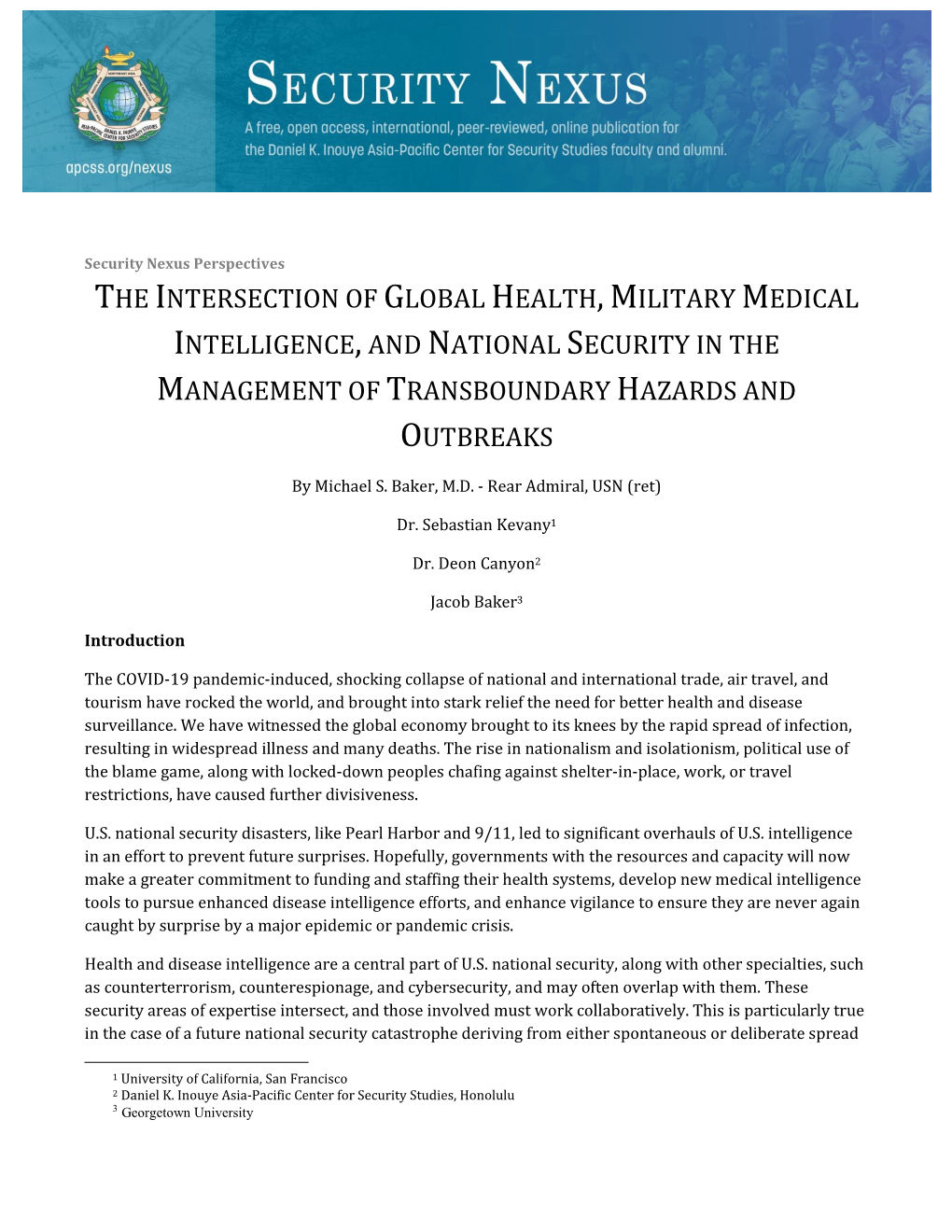The Intersection of Global Health, Military Medical Intelligence, and National Security in the Management of Transboundary Hazards and Outbreaks
