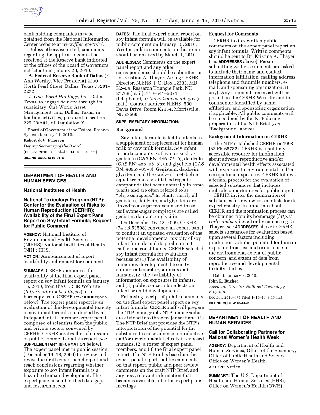 Federal Register/Vol. 75, No. 10/Friday, January 15, 2010/Notices