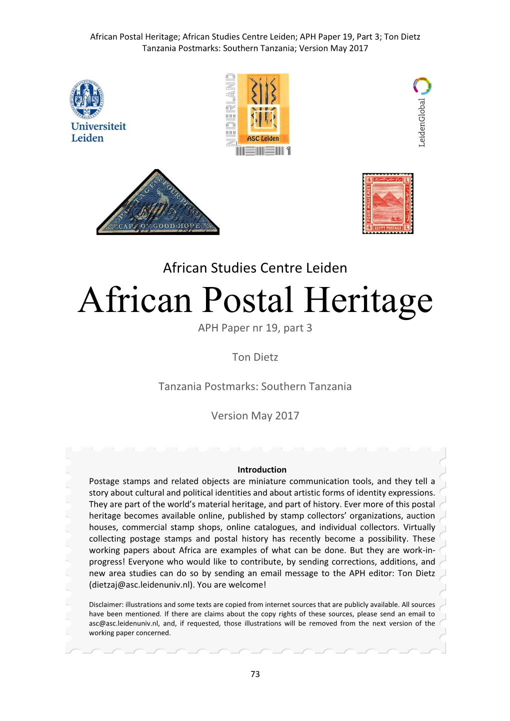 African Postal Heritage; African Studies Centre Leiden; APH Paper 19, Part 3; Ton Dietz Tanzania Postmarks: Southern Tanzania; Version May 2017