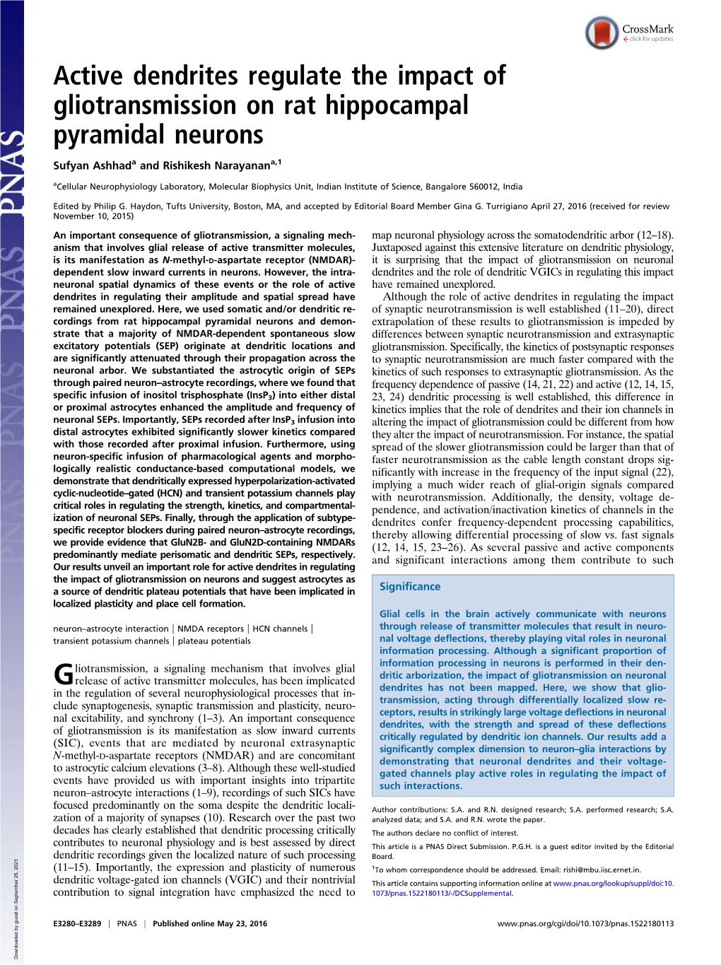 Active Dendrites Regulate the Impact of Gliotransmission on Rat Hippocampal Pyramidal Neurons