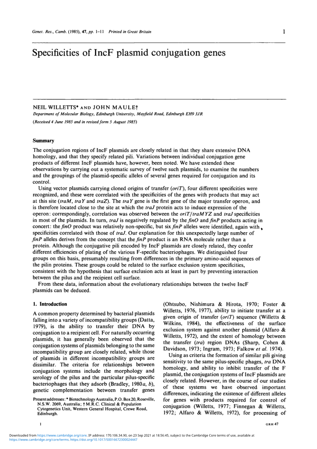 Specificities of Incf Plasmid Conjugation Genes