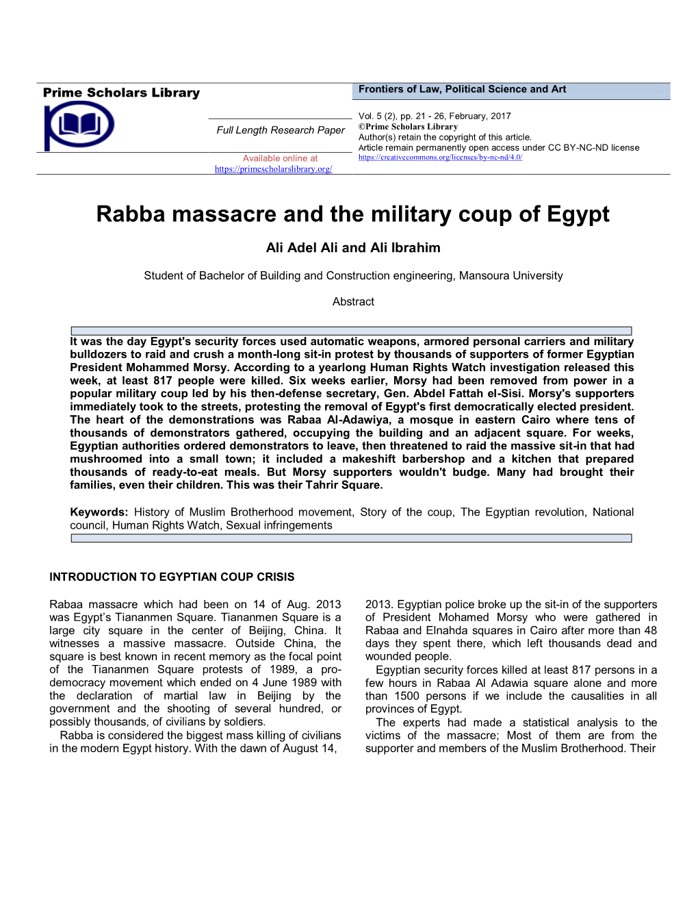 Rabba Massacre and the Military Coup of Egypt