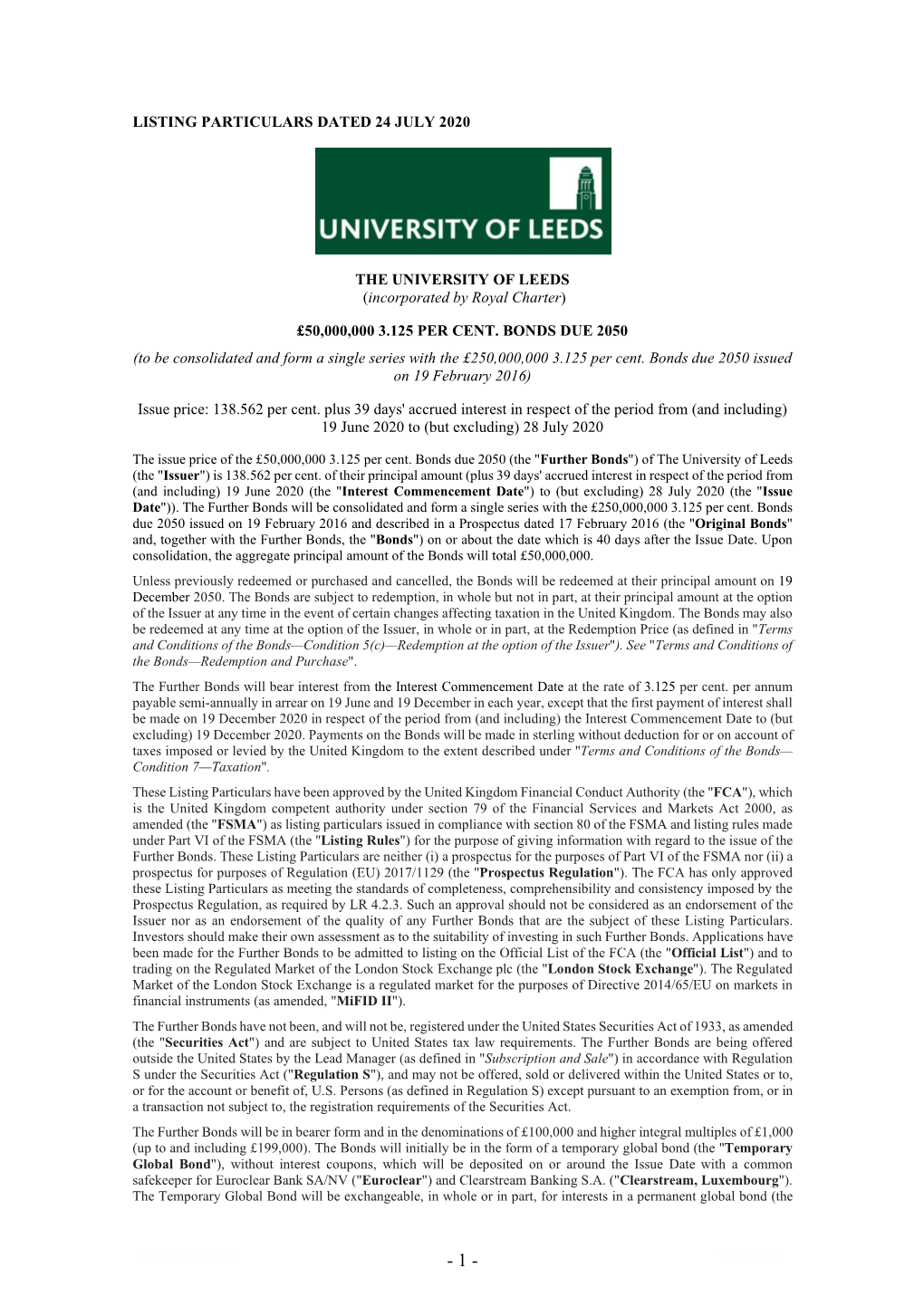 Listing Particulars Dated 24 July 2020 the University Of