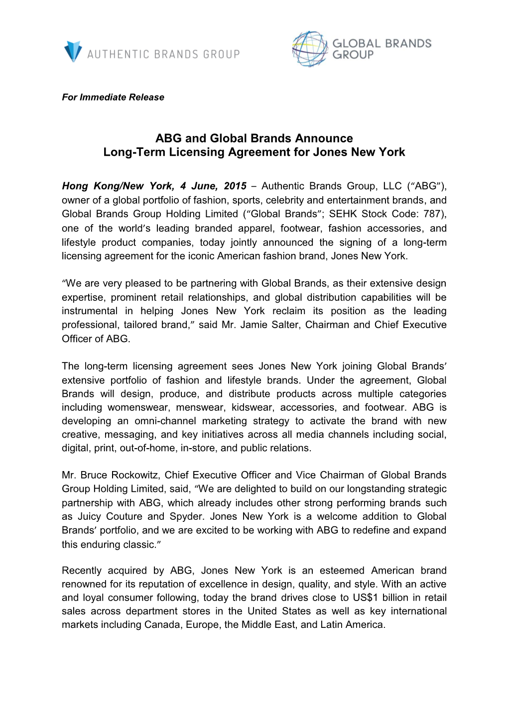 ABG and Global Brands Announce Long-Term Licensing Agreement for Jones New York