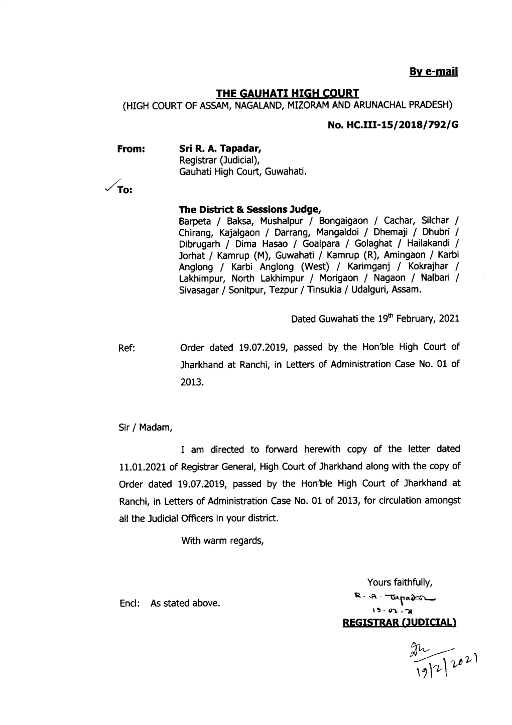 Judgment/Order Dated 19.07.2019, Passed by the Hon'ble High Court