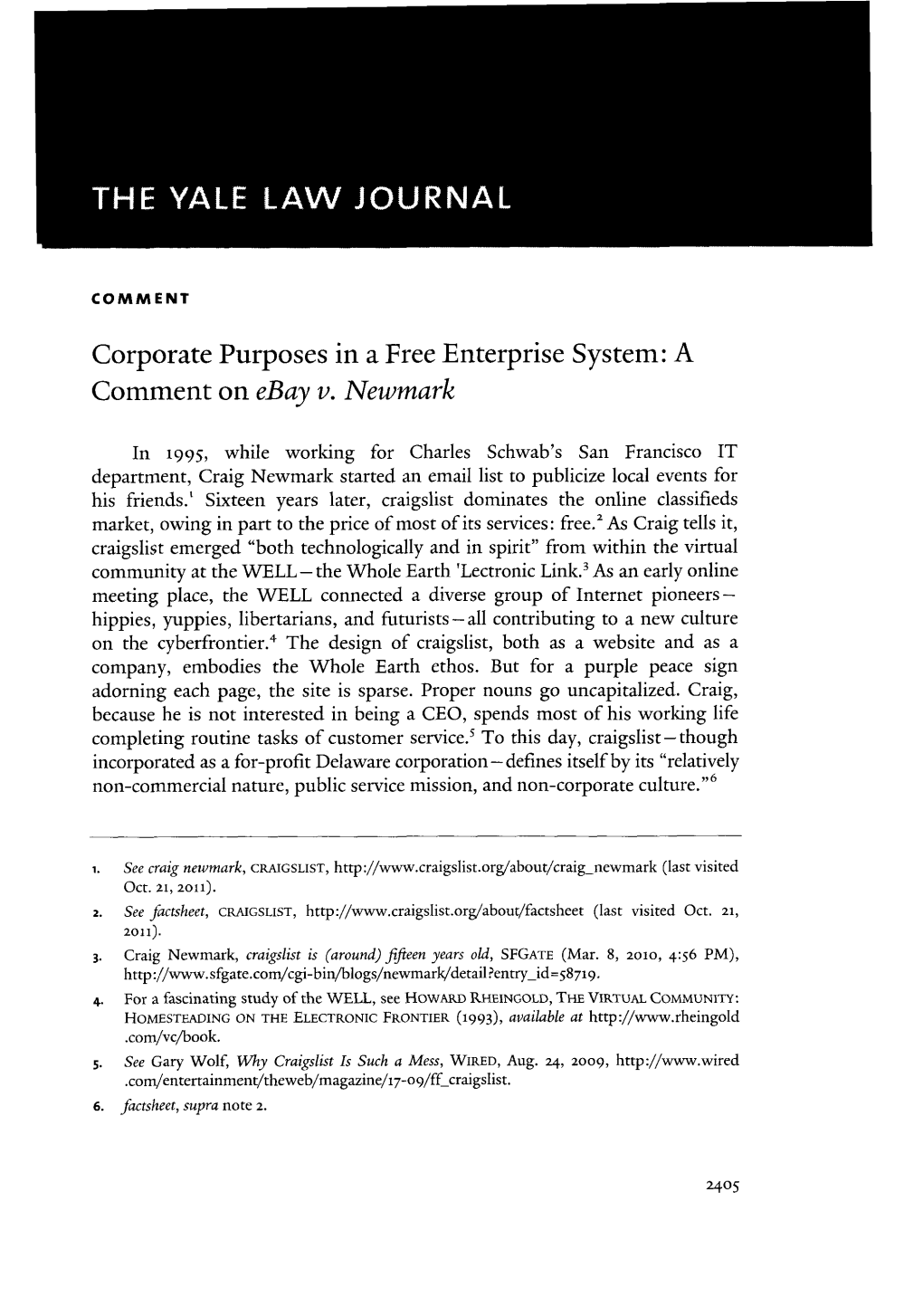 Corporate Purposes in a Free Enterprise System: a Comment on Ebay V. Newmark