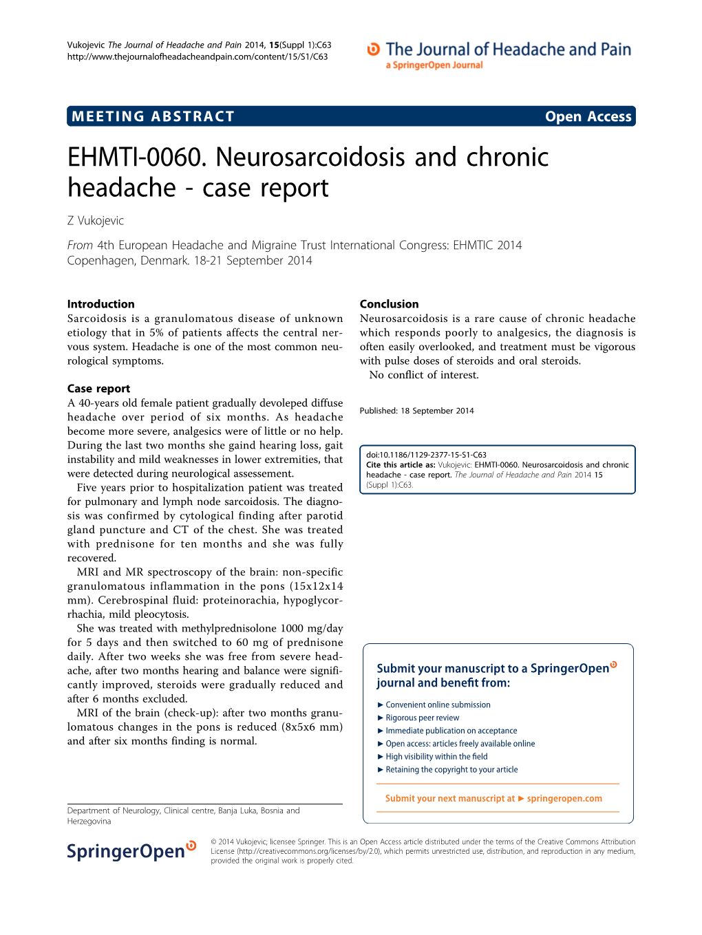 EHMTI-0060. Neurosarcoidosis and Chronic Headache - Case Report