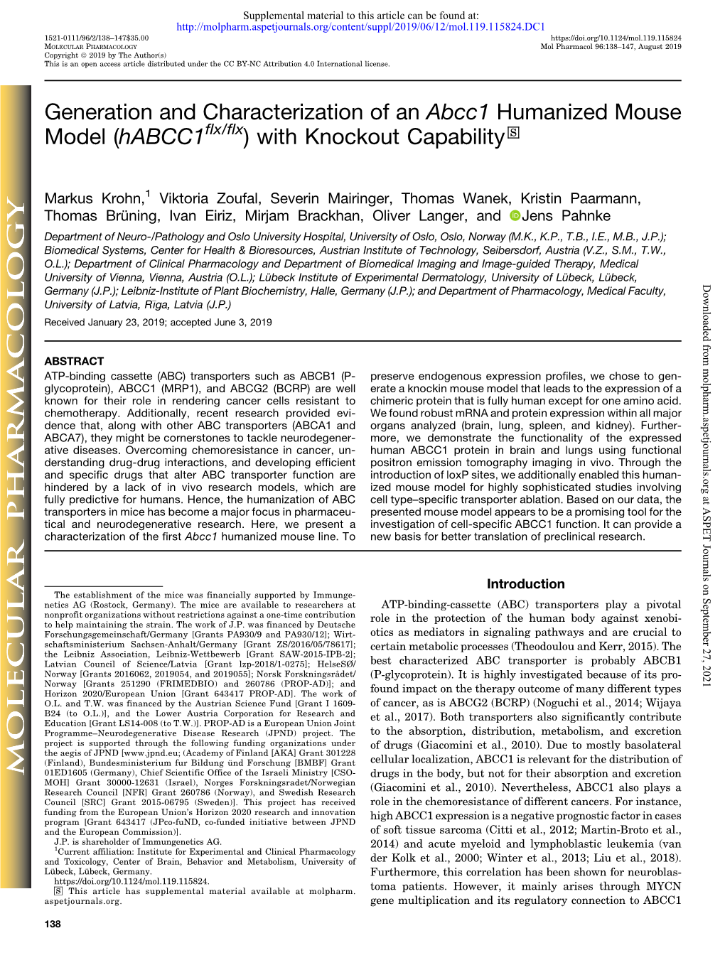 Generation and Characterization of an Abcc1 Humanized Mouse Model (Habcc1flx/Flx) with Knockout Capability S