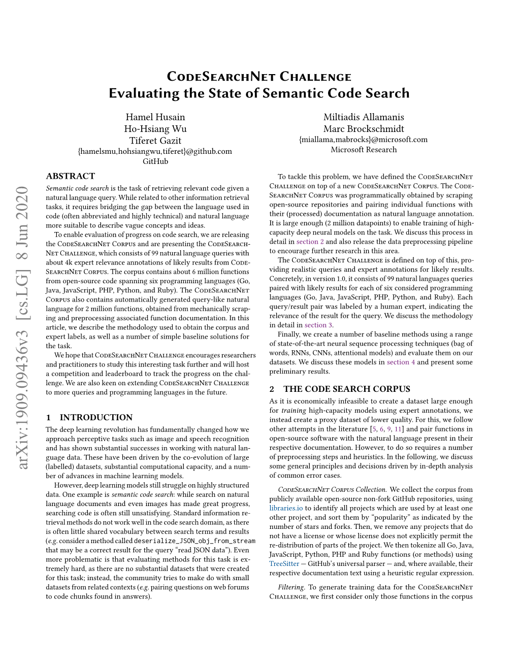 Codesearchnet Challenge Evaluating the State of Semantic Code Search