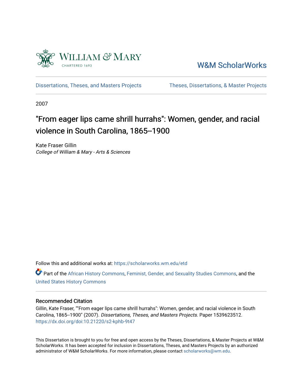 Women, Gender, and Racial Violence in South Carolina, 1865--1900