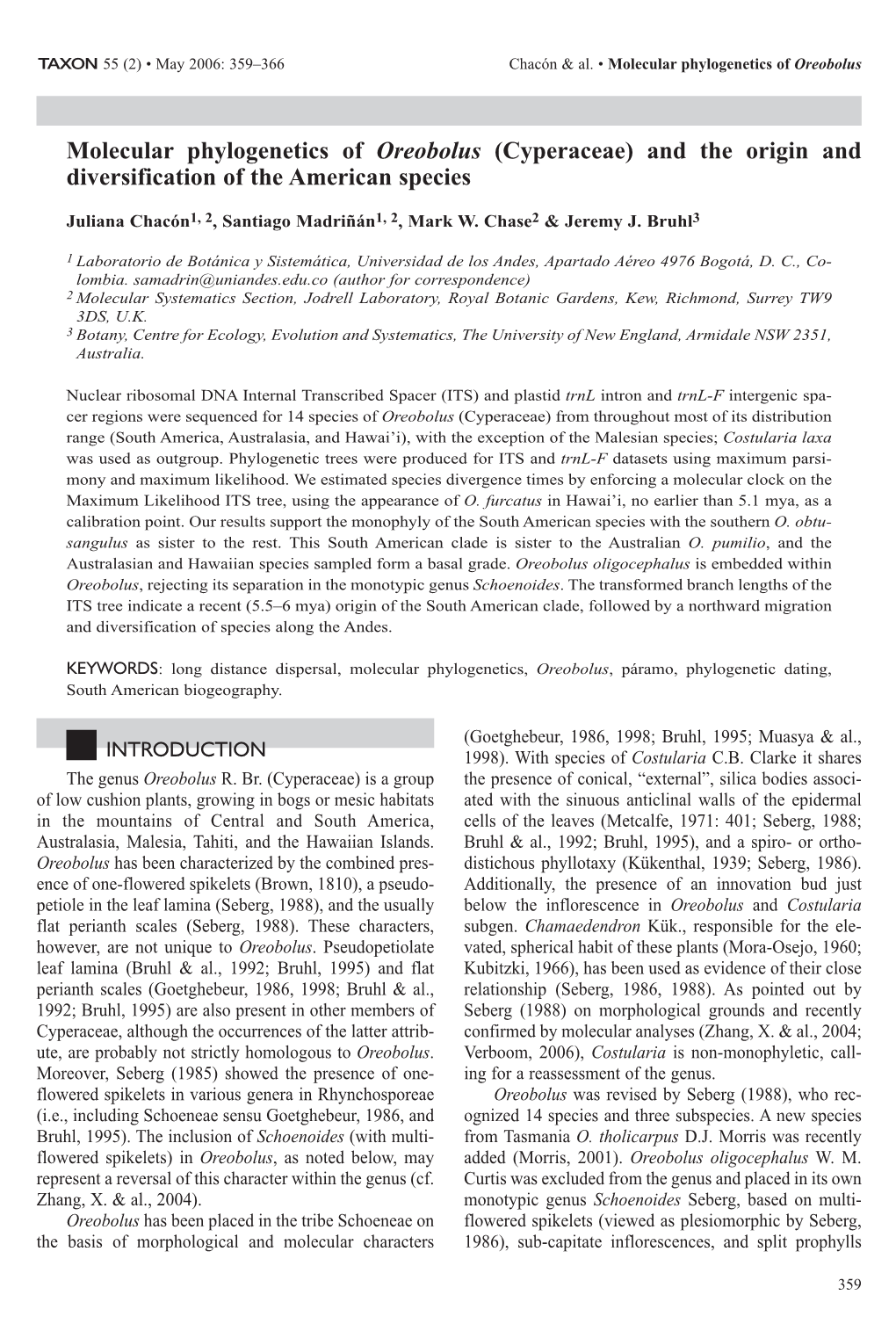 Cyperaceae) and the Origin and Diversification of the American Species