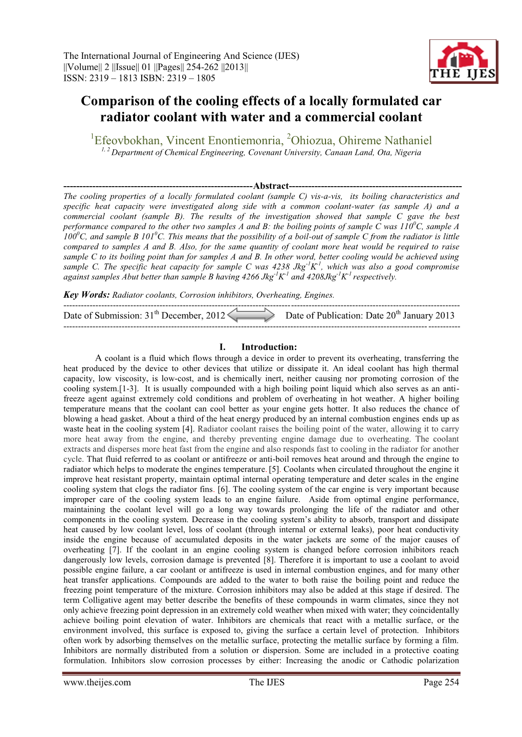 Comparison of the Cooling Effects of a Locally Formulated Car Radiator Coolant with Water and a Commercial Coolant