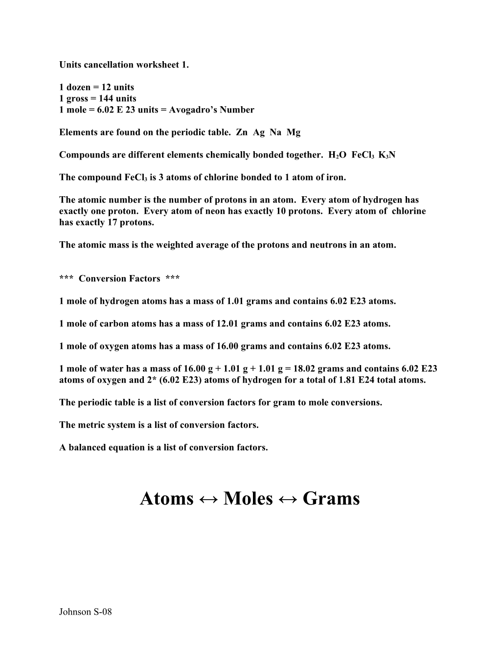 Units Cancellation Worksheet