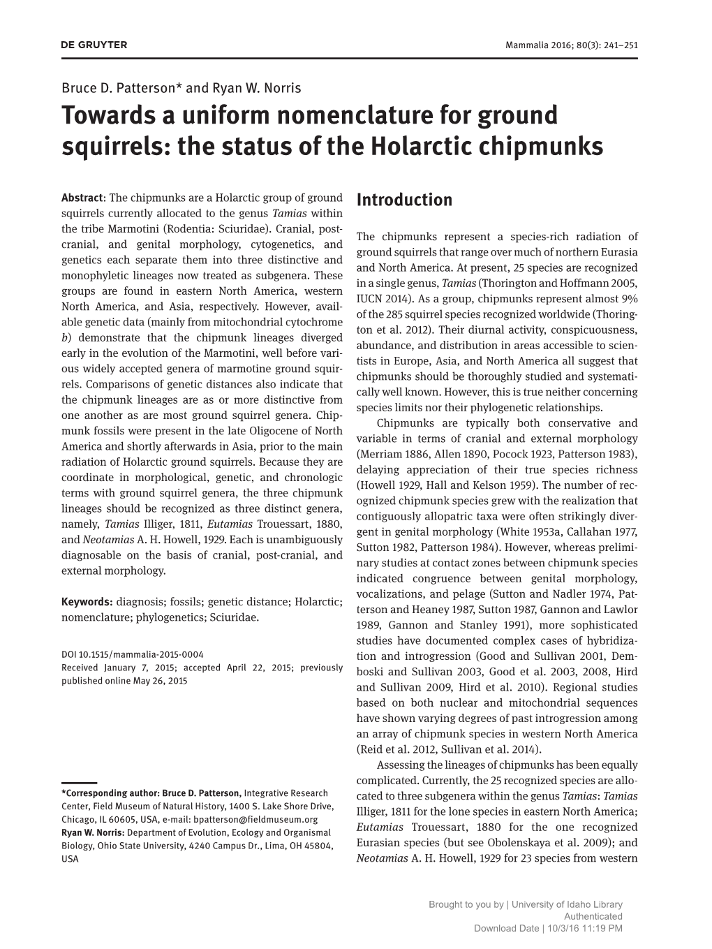 Towards a Uniform Nomenclature for Ground Squirrels: the Status of the Holarctic Chipmunks