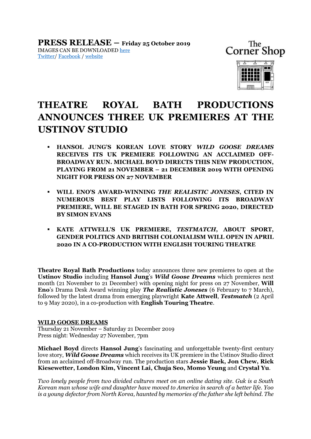 Theatre Royal Bath Productions Announces Three Uk Premieres at the Ustinov Studio