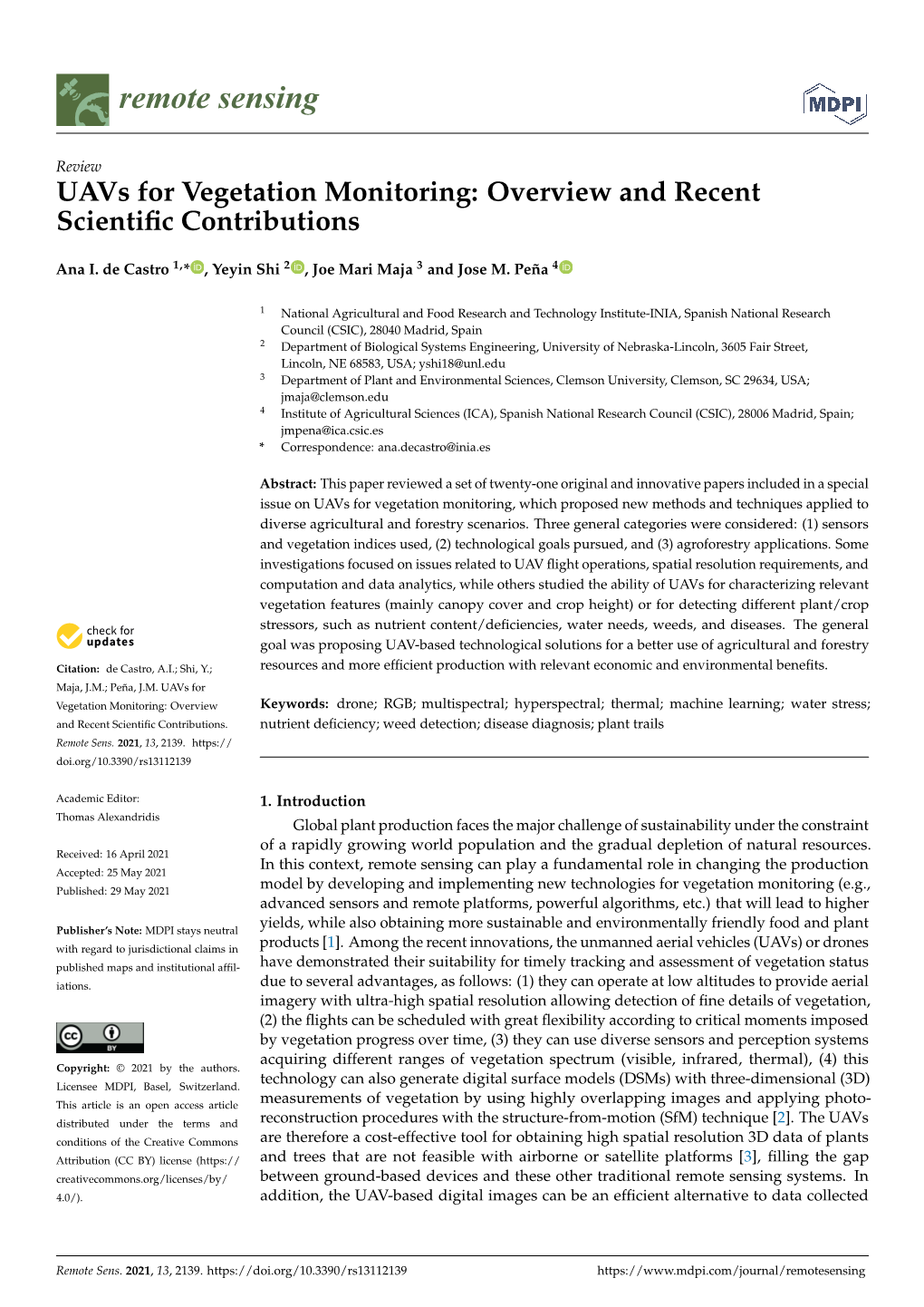 Uavs for Vegetation Monitoring: Overview and Recent Scientiﬁc Contributions