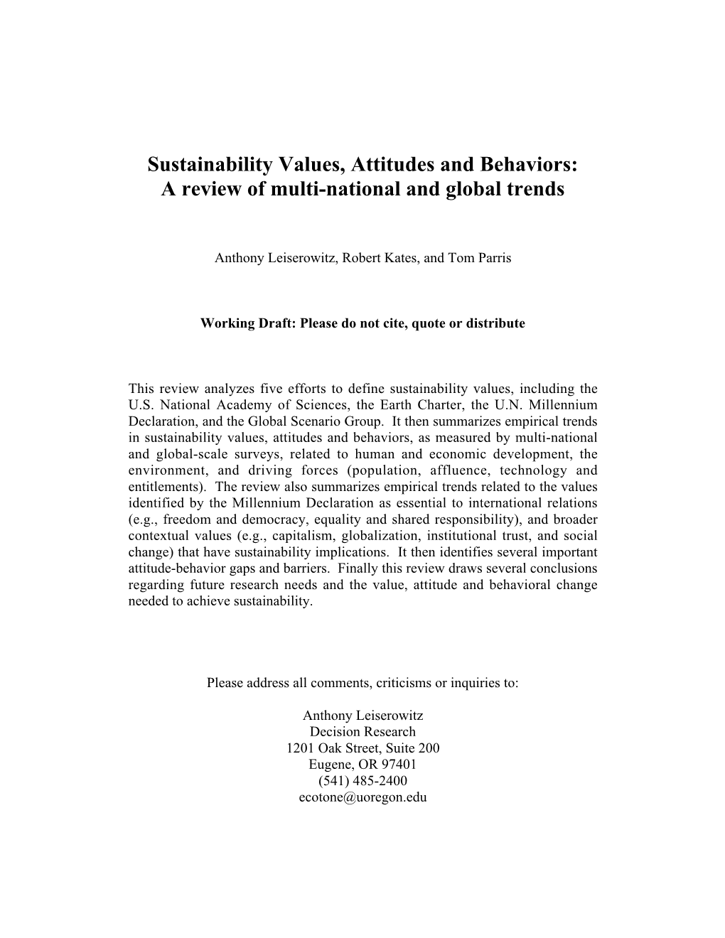 Sustainability Values, Attitudes and Behaviors: a Review of Multi-National and Global Trends