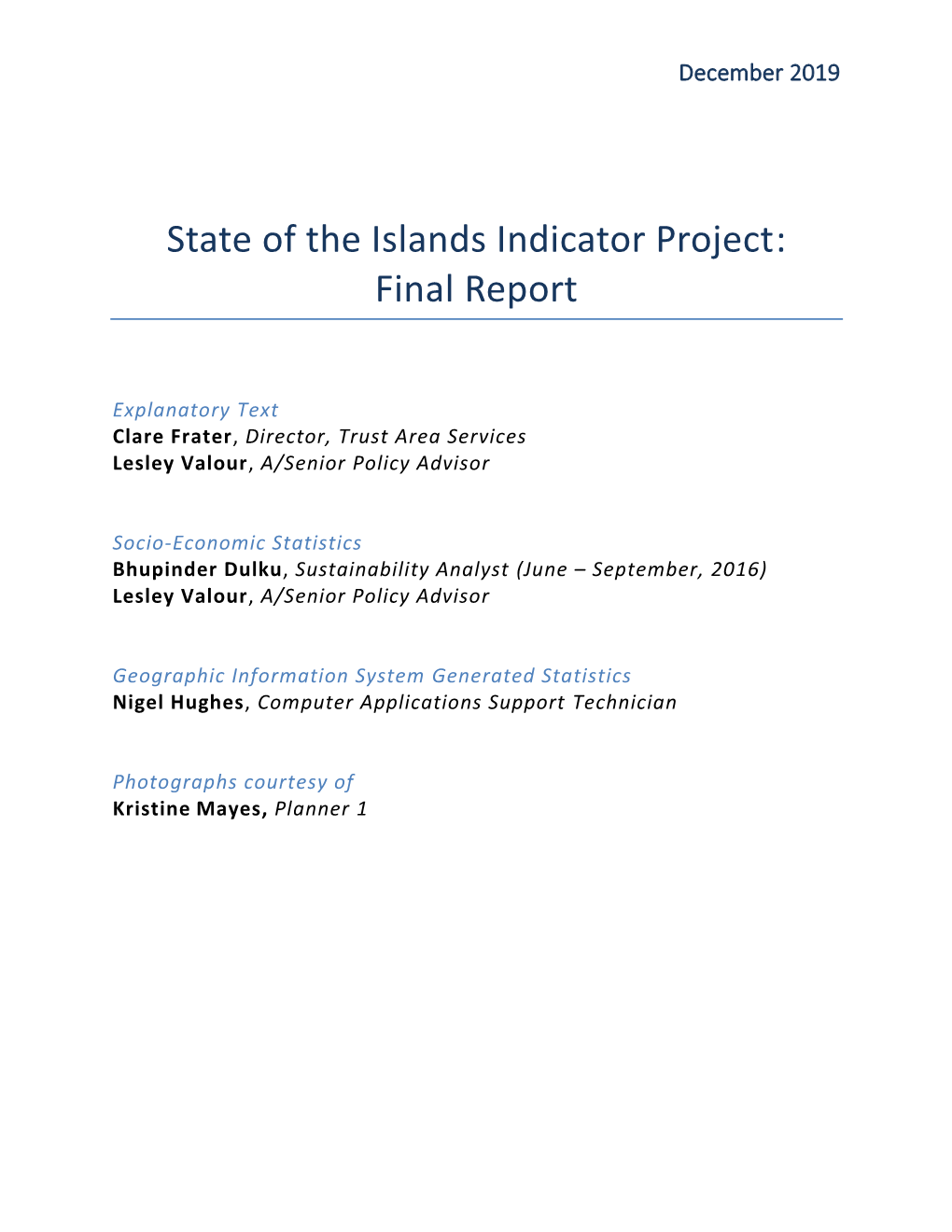 State of the Islands Indicator Project: Final Report