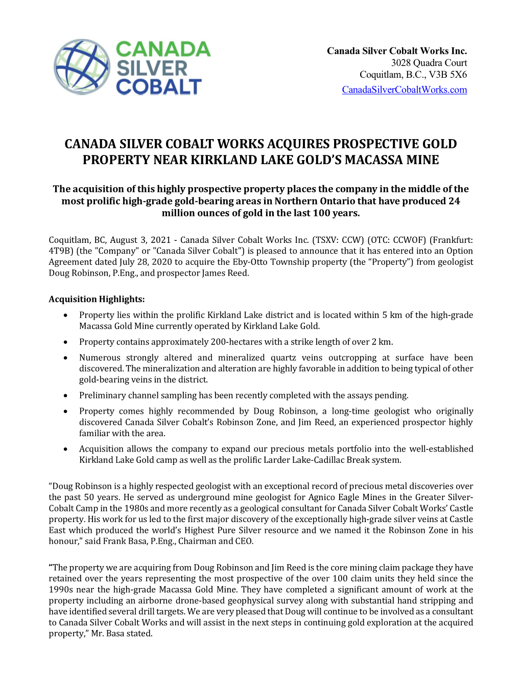 Canada Silver Cobalt Works Acquires Prospective Gold Property Near Kirkland Lake Gold’S Macassa Mine