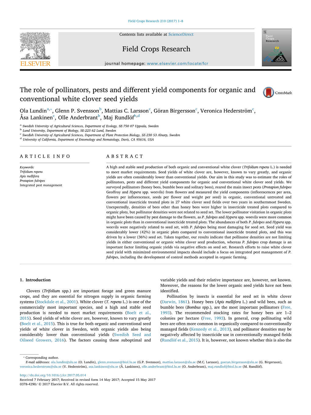 The Role of Pollinators, Pests and Different Yield Components for Organic and Conventional White Clover Seed Yields