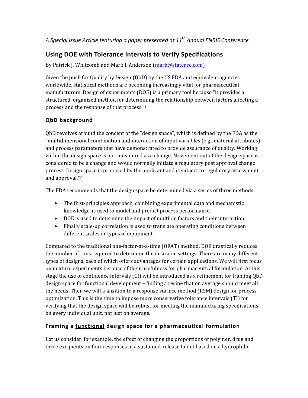 Using DOE with Tolerance Intervals to Verify Specifications by Patrick J