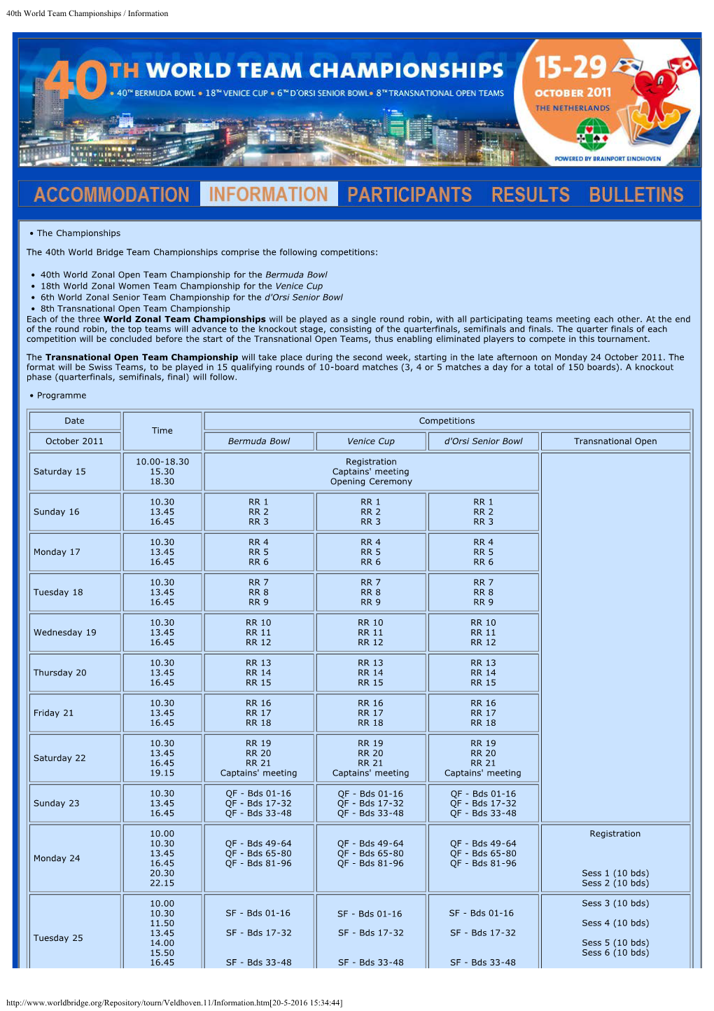 40Th World Team Championships / Information