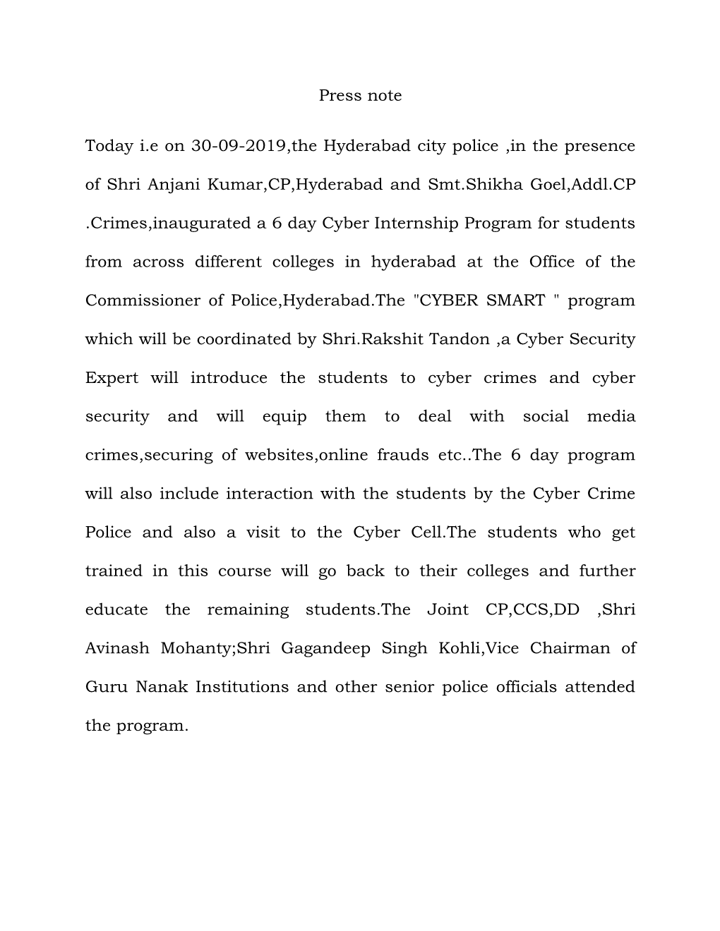 Press Note Today I.E on 30-09-2019,The Hyderabad City