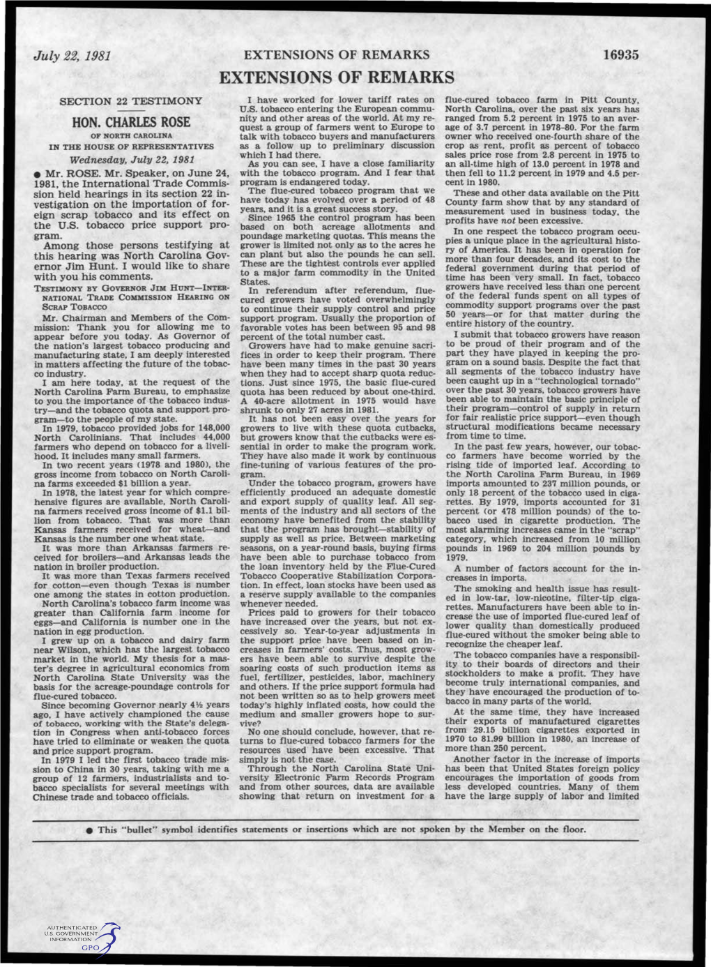 EXTENSIONS of REMARKS 16935 EXTENSIONS of REMARKS SECTION 22 TESTIMONY I Have Worked for Lower Tariff Rates on Flue-Cured Tobacco Farm in Pitt County, U.S