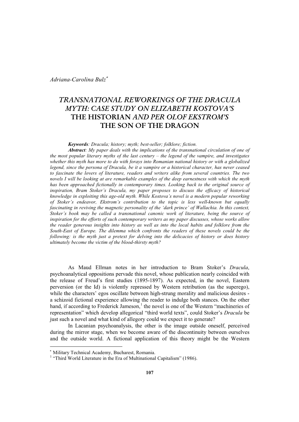 Transnational Reworkings of the Dracula Myth: Case Study on Elizabeth Kostova’S the Historian and Per Olof Ekstrom’S the Son of the Dragon