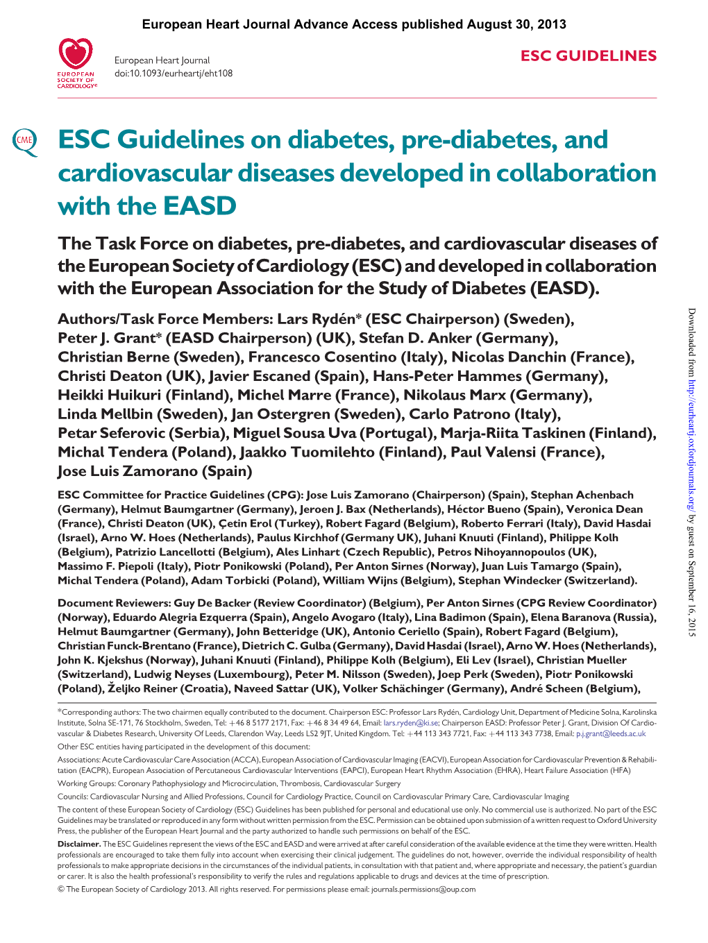 ESC Guidelines on Diabetes, Pre-Diabetes, and Cardiovascular