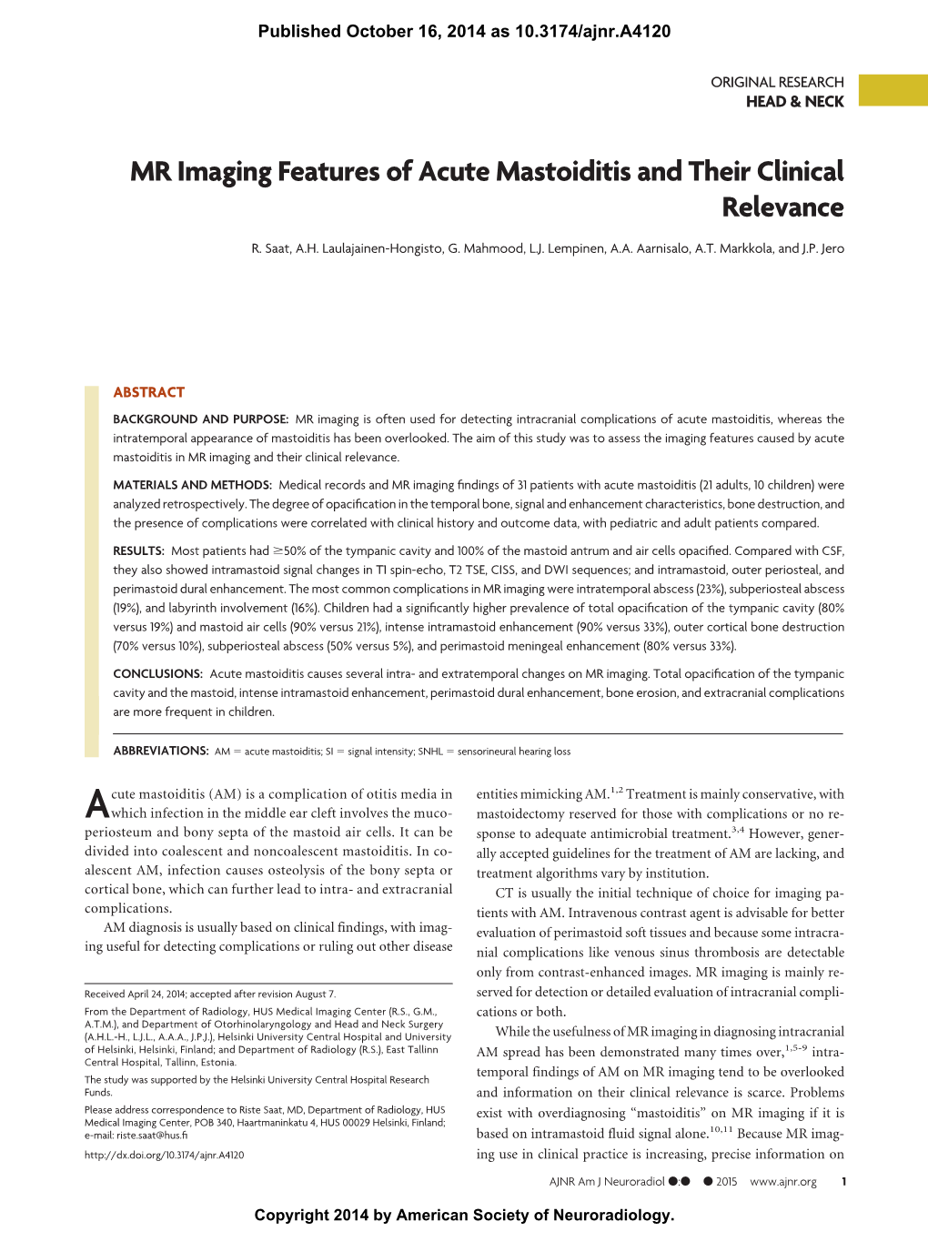 MR Imaging Features of Acute Mastoiditis and Their Clinical Relevance
