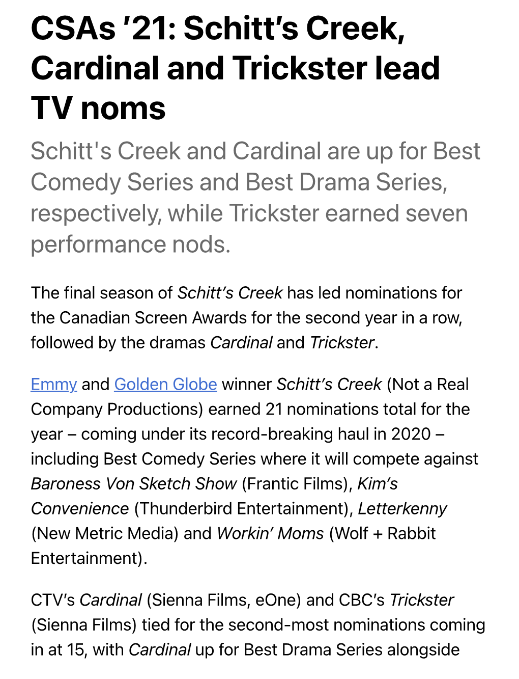 Csas '21: Schitt's Creek, Cardinal and Trickster