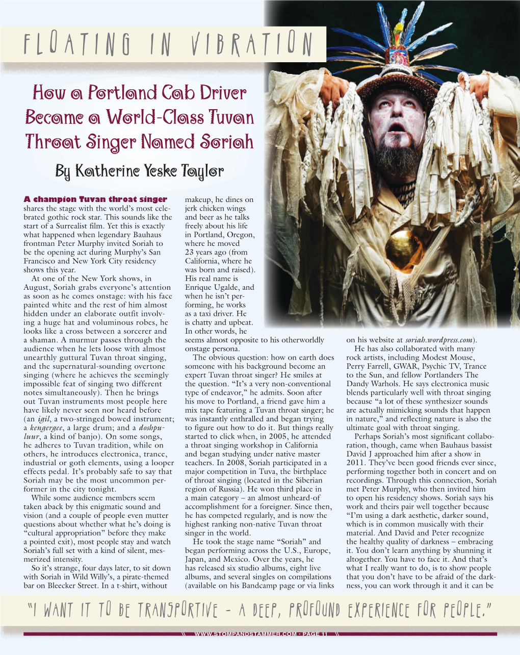 Floating in Vibration How a Portland Cab Driver Became a World-Class Tuvan Throat Singer Named Soriah by Katherine Yeske Taylor