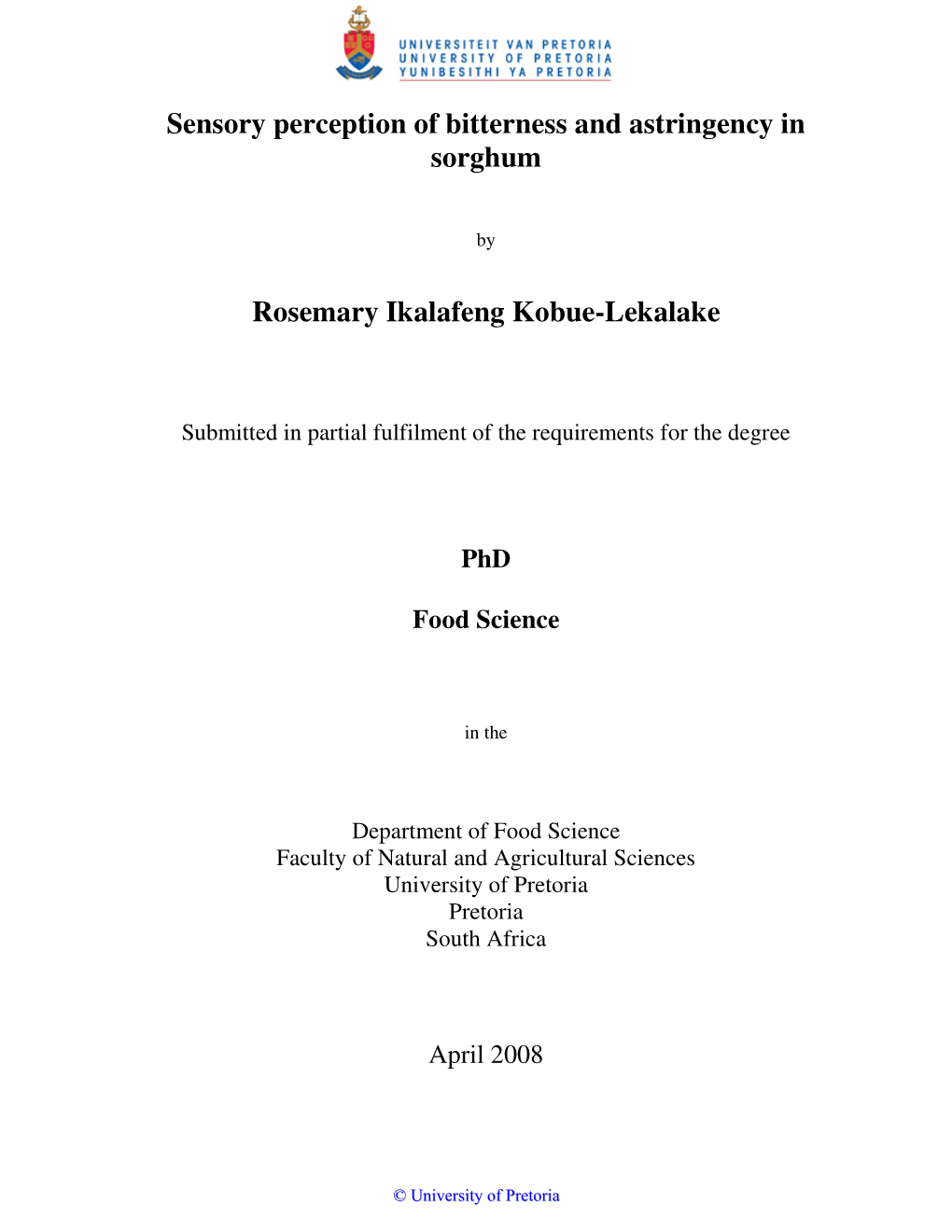 Sensory Perception of Bitterness and Astringency in Sorghum Rosemary