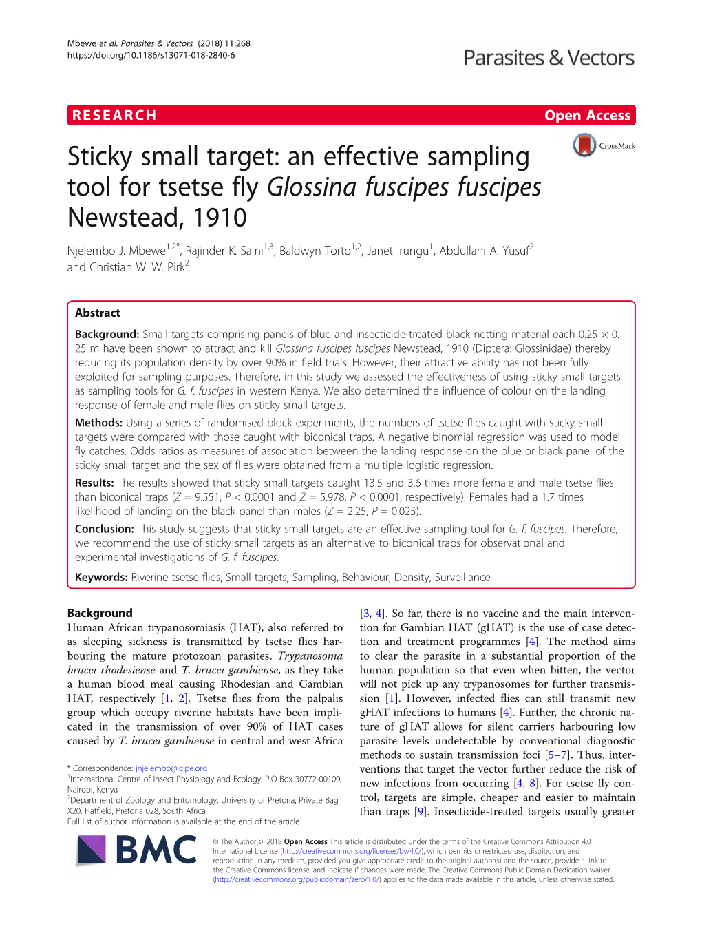 Sticky Small Target: an Effective Sampling Tool for Tsetse Fly Glossina Fuscipes Fuscipes Newstead, 1910 Njelembo J