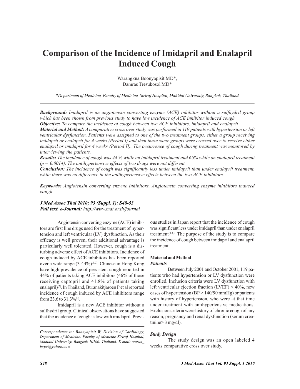 Comparison of the Incidence of Imidapril and Enalapril Induced Cough