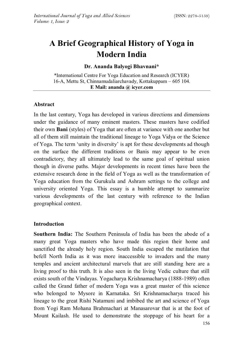 A Brief Geographical History of Yoga in Modern India Dr