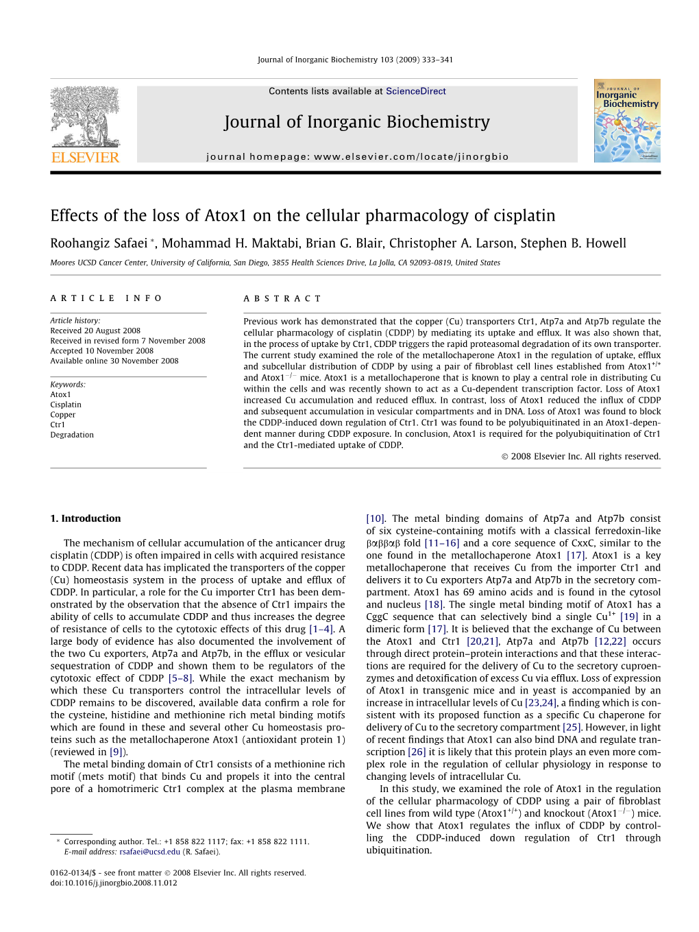 Effects of the Loss of Atox1 on the Cellular Pharmacology of Cisplatin