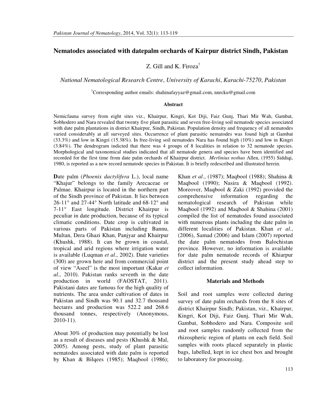 Nematodes Associated with Datepalm Orchards of Kairpur District Sindh, Pakistan