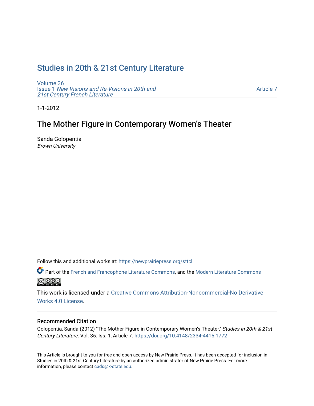 The Mother Figure in Contemporary Women's Theater