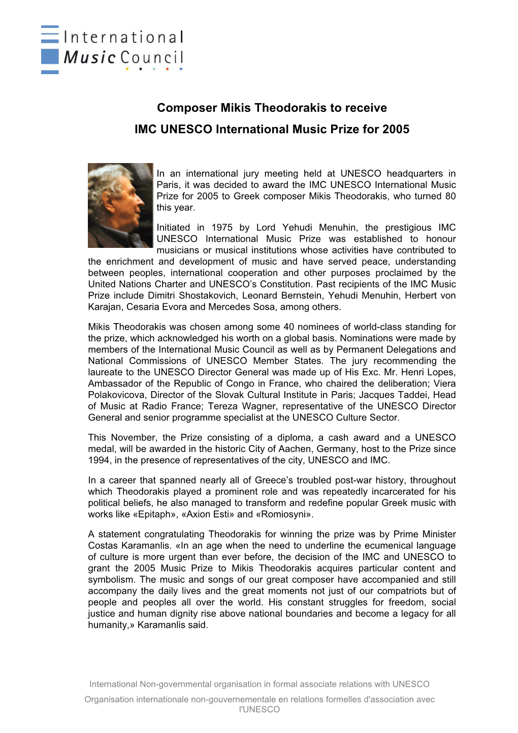 Composer Mikis Theodorakis to Receive IMC UNESCO International Music Prize for 2005